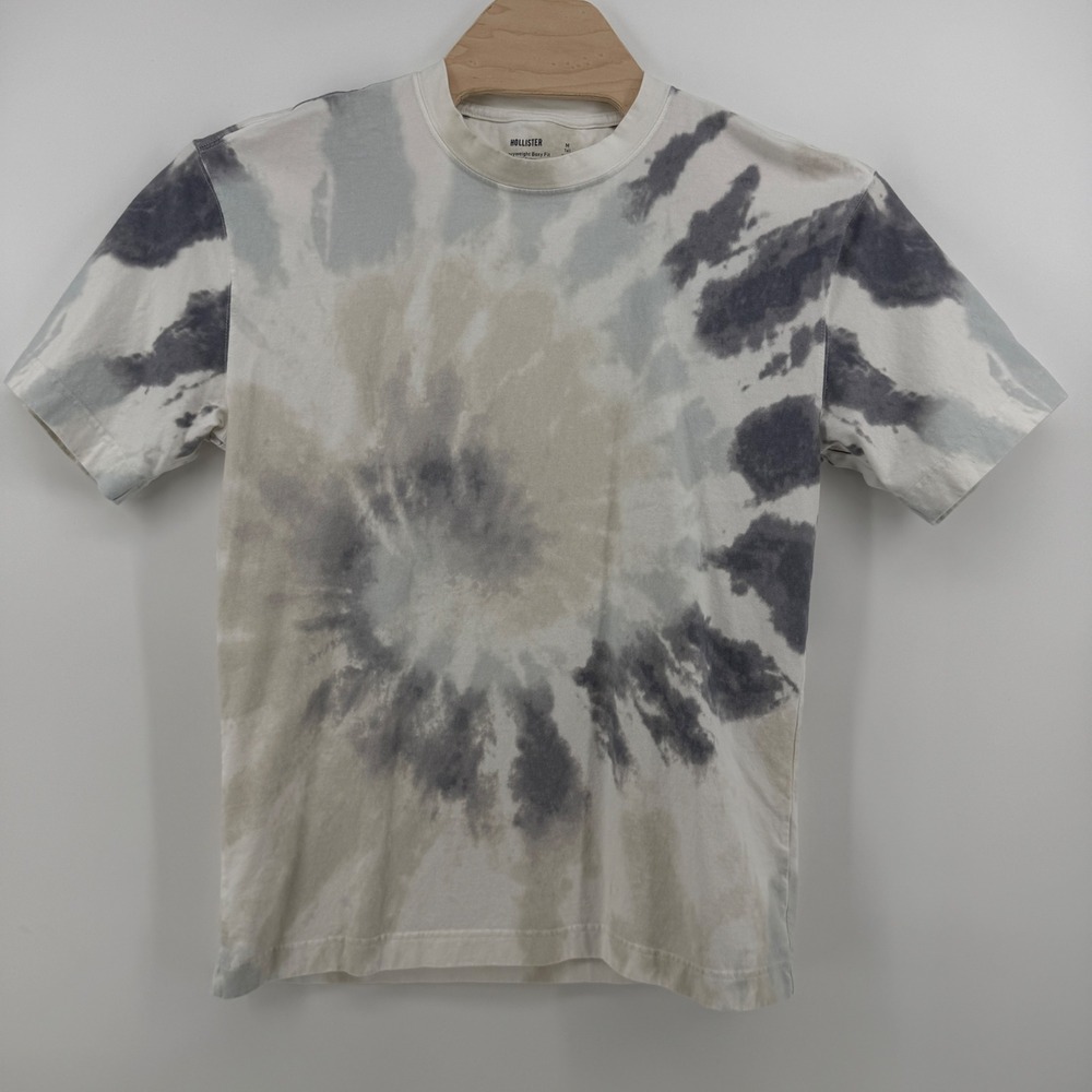 Hollister Mens Heavyweight Boxy Fit Tie Dye T-Shirt M Tall Grey Tan White Cotton